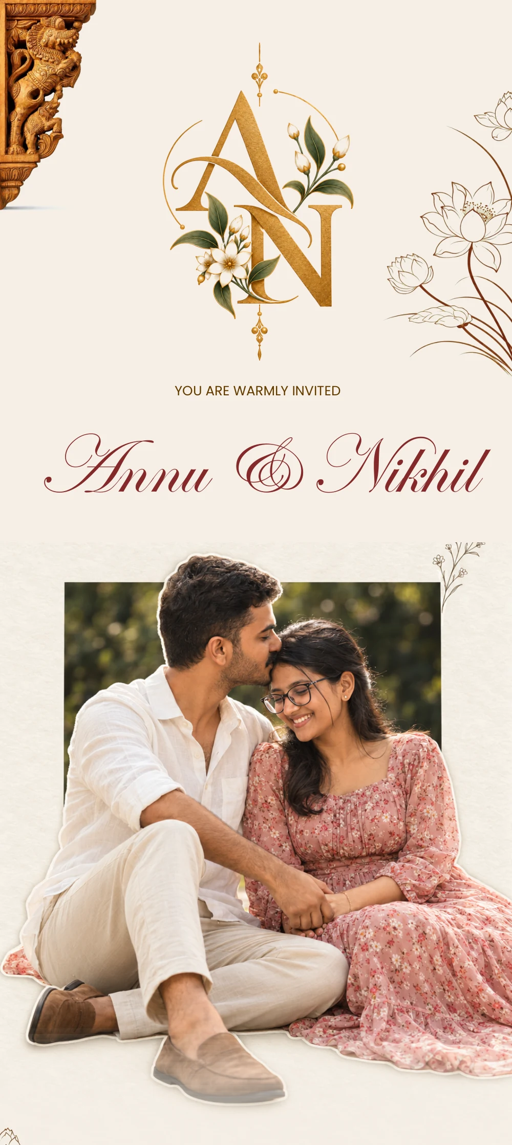 Annu and Nikhil's invitation, with their floral A and N monogram and the couple photograph supplied in the card