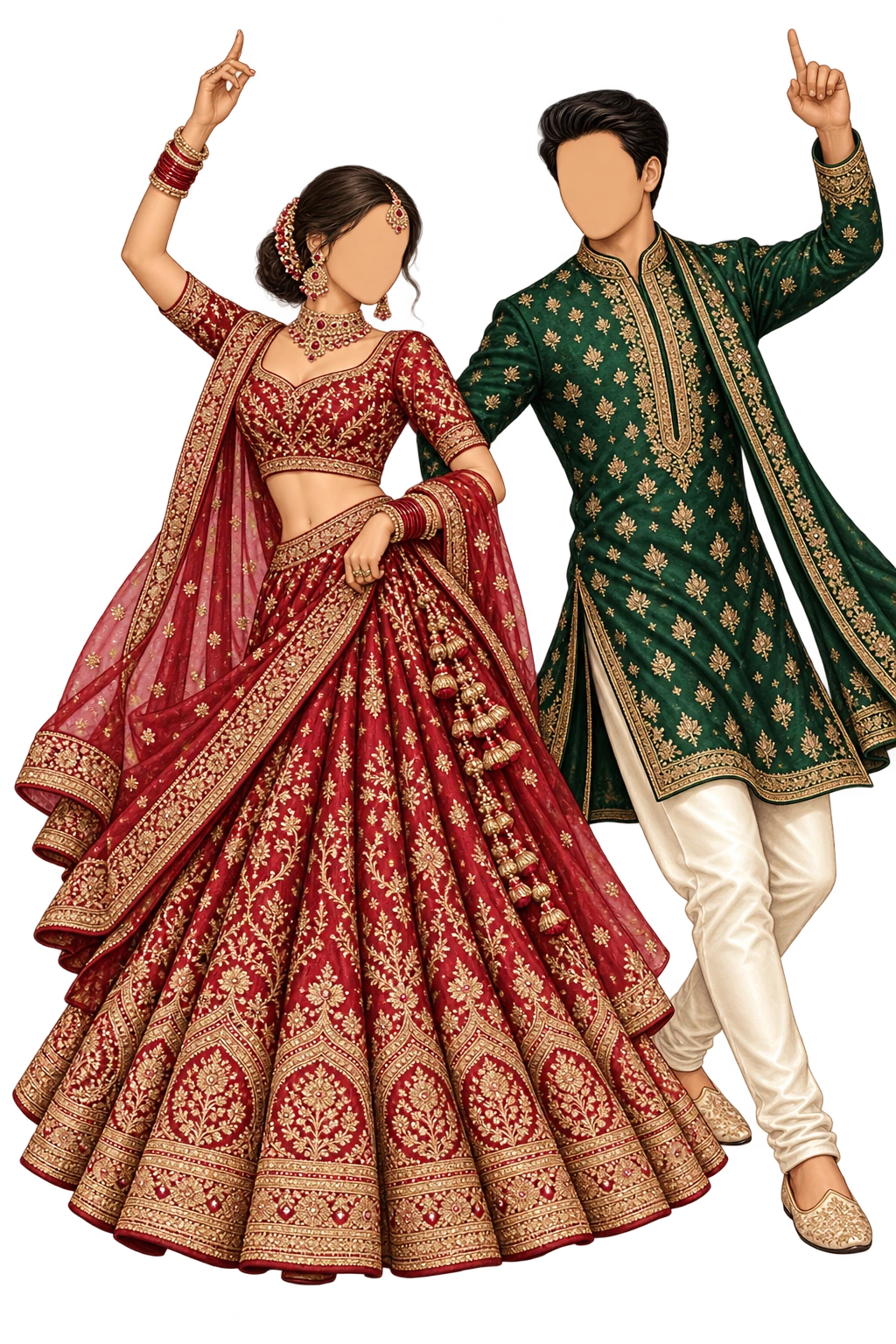 Illustrated festive outfits in the suggested baraat colour palette