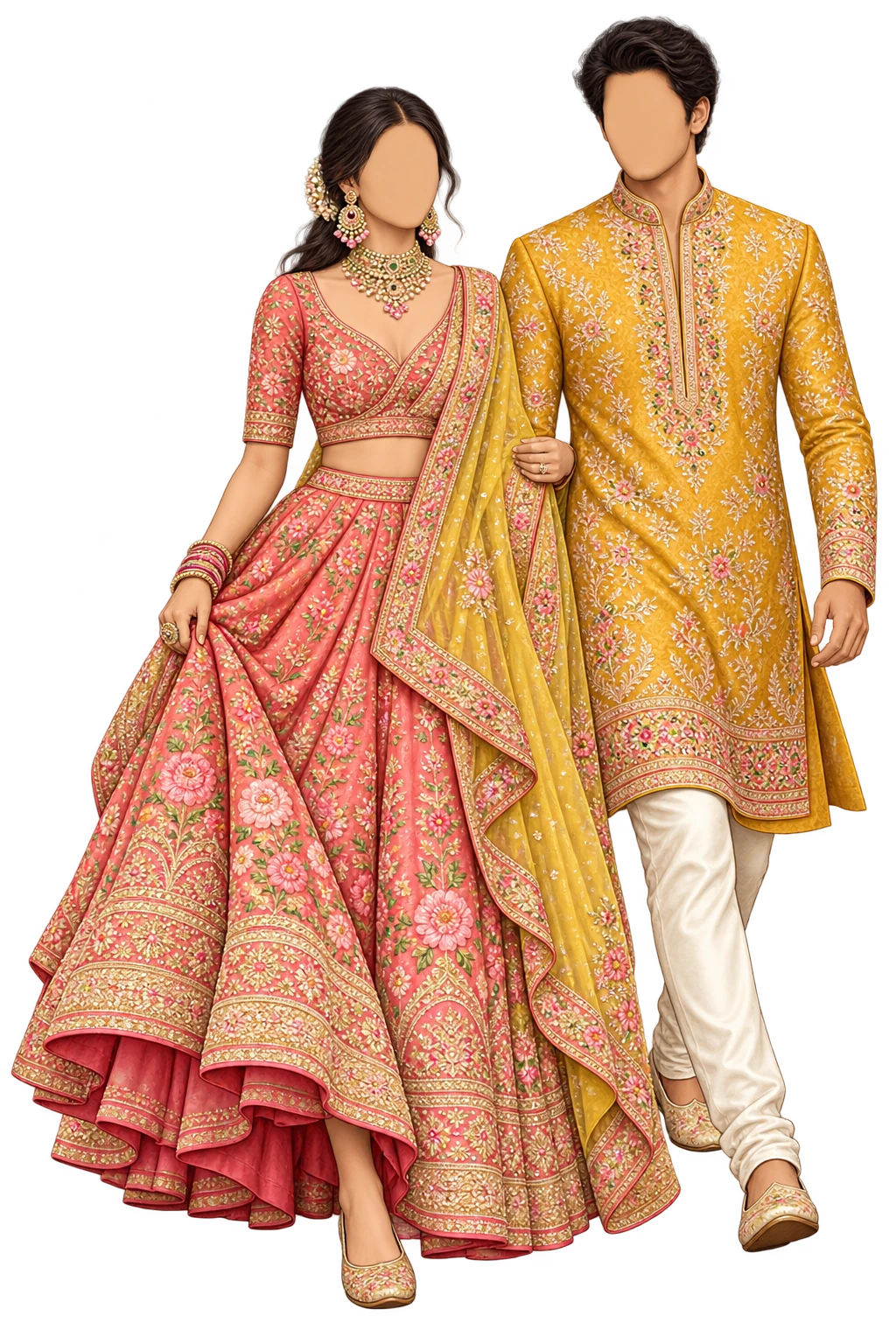 Illustrated festive outfits in the suggested carnival colour palette