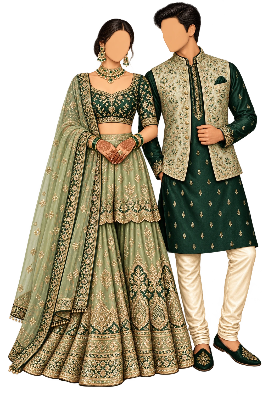 Illustrated festive outfits in the suggested mehndi colour palette