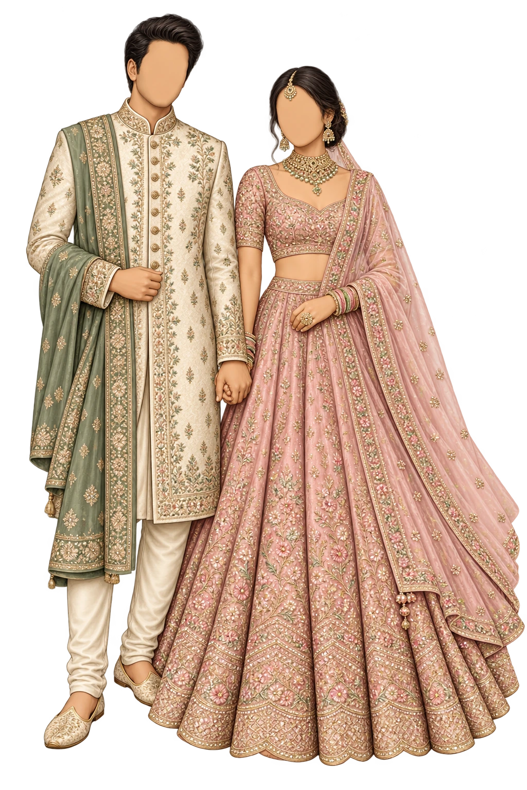 Illustrated festive outfits in the suggested phere colour palette