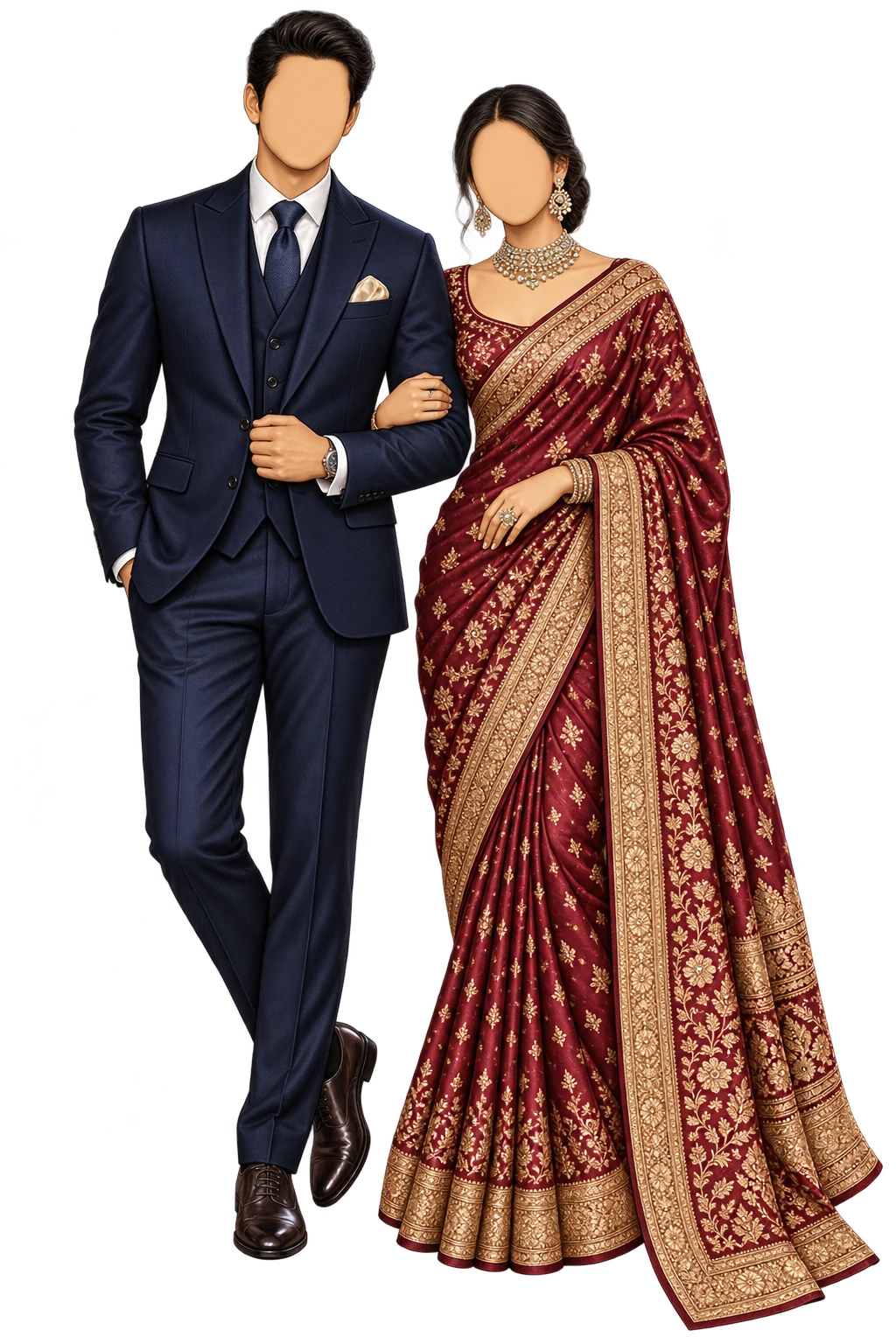 Illustrated festive outfits in the suggested reception colour palette