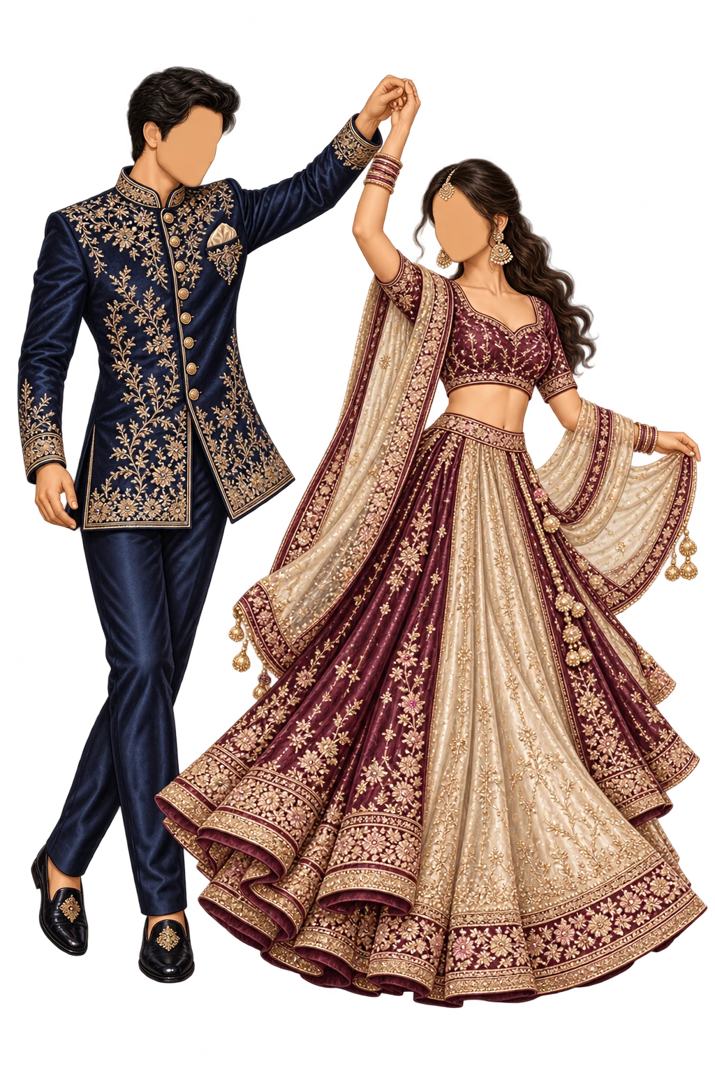 Illustrated festive outfits in the suggested sangeet colour palette